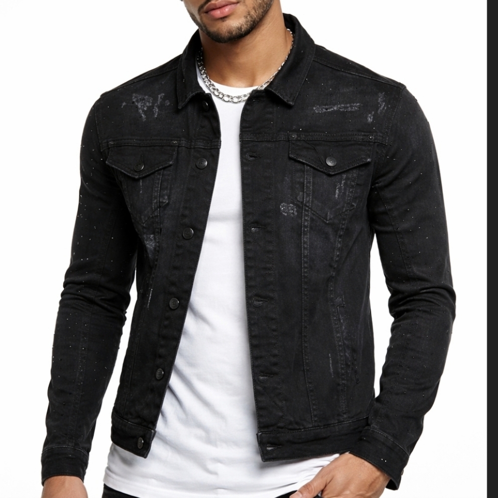 NWT 7TH HVN Crystal Stargaze Jet Jean Jacket Black Denim Large Coat Embellished